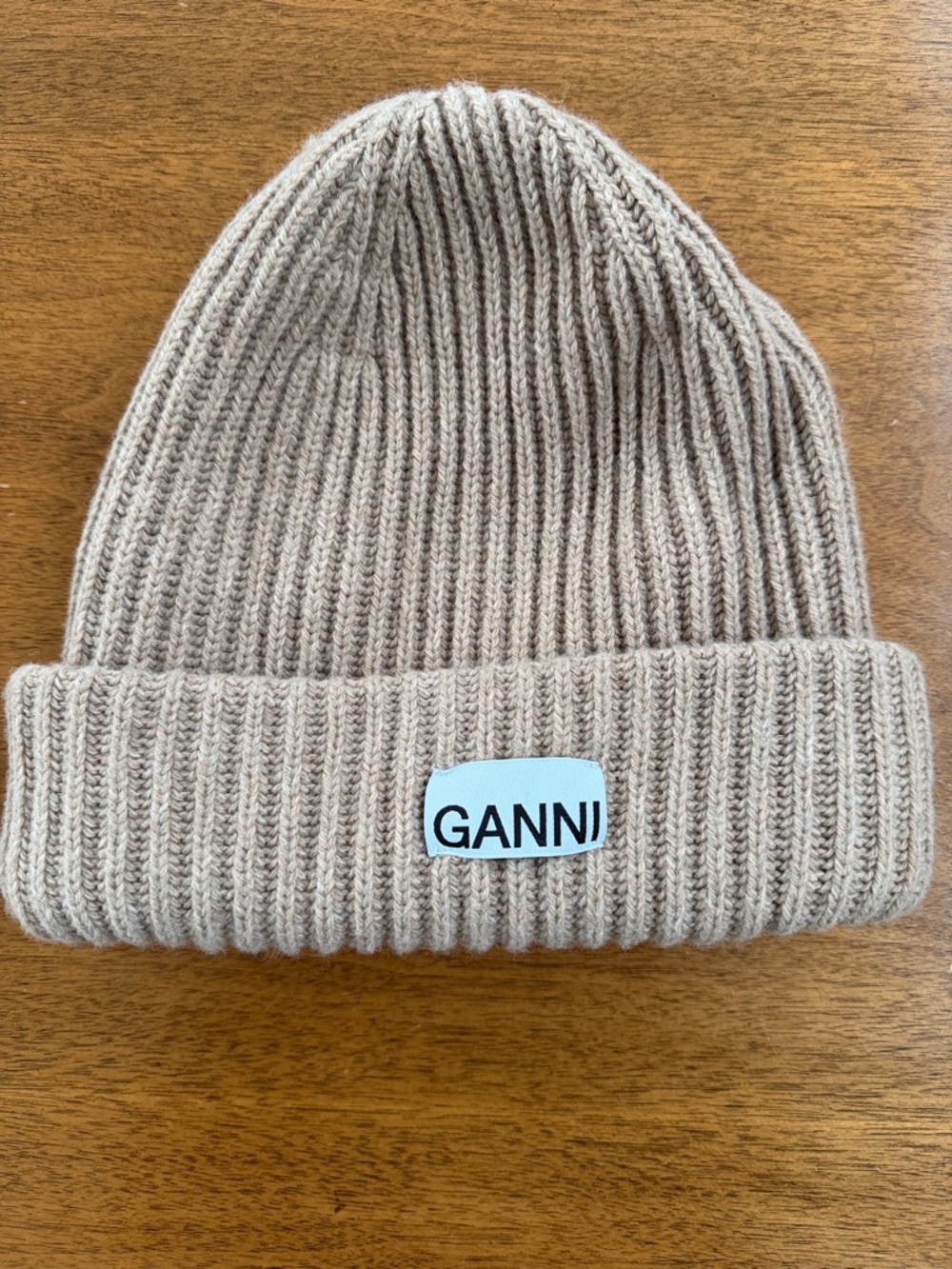 Ganni Neutral Tan Ribbed Cuffed Beanie